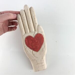 Vintage FJJ Slimak Rose Kern Hand Heart Sculpture Folk Art 1991 Painted Wood